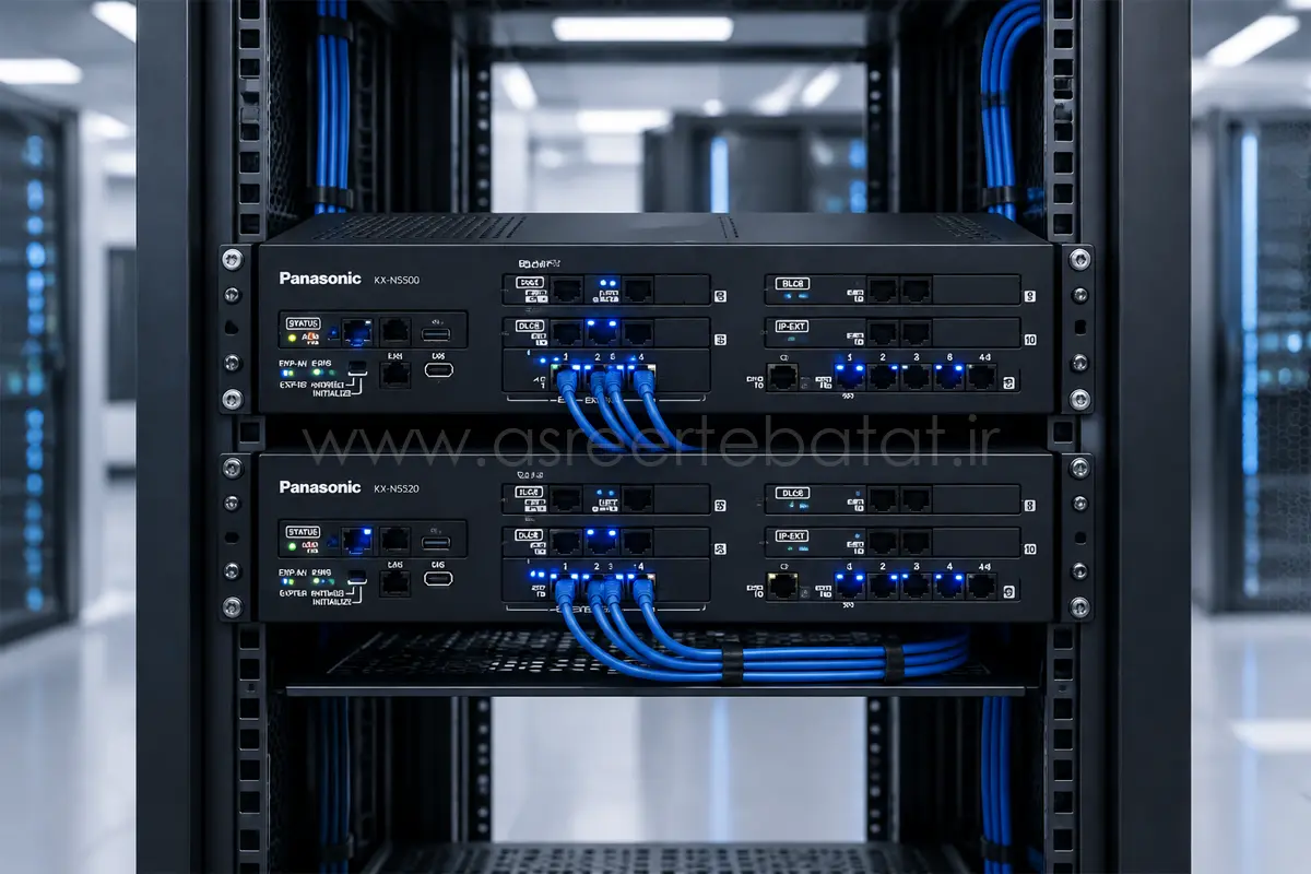 سانترال پاناسونیک KX-NS520 متصل به شلف اصلی NS500 در رک شبکه