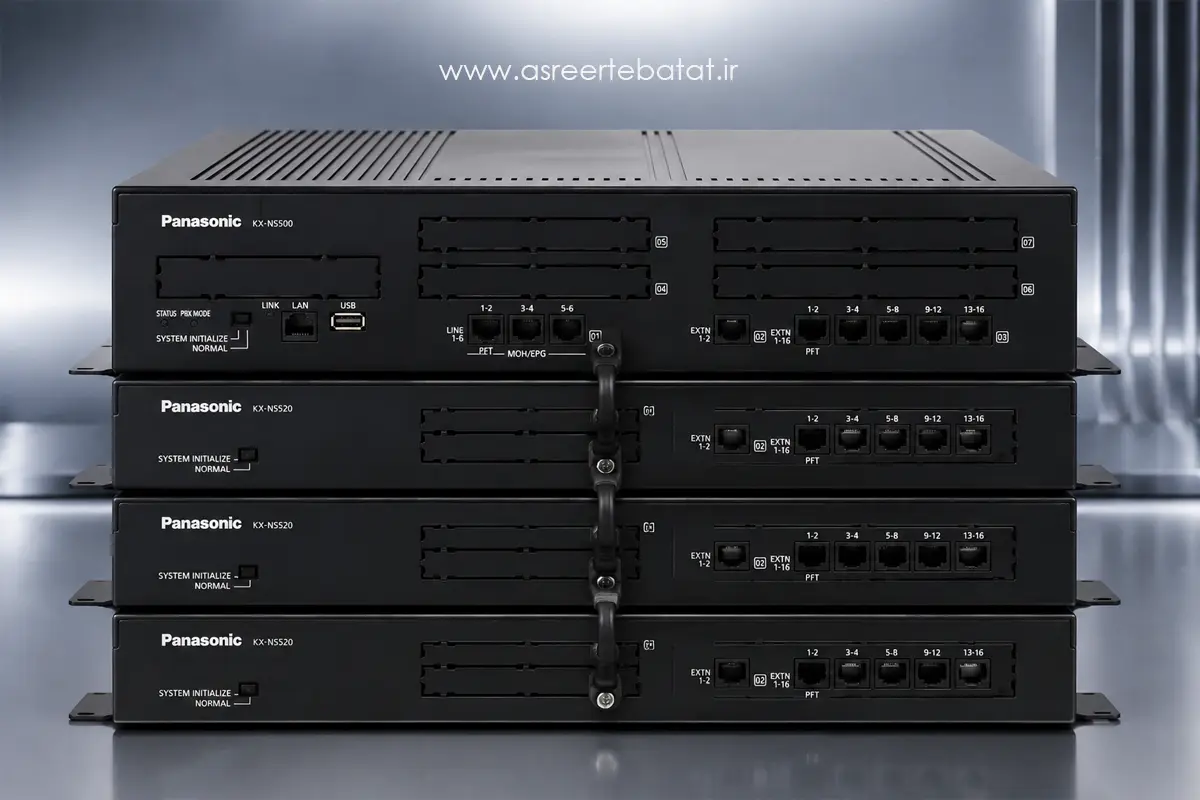 ماژول اصلی سانترال KX-NS500 به همراه سه شلف توسعه KX-NS520 داخل رک شبکه