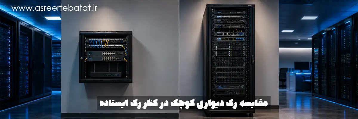 مقایسه بصری رک دیواری کوچک در کنار رک ایستاده بلند با نسبت واقعی