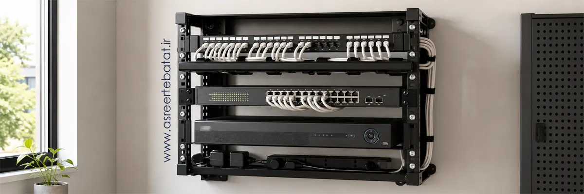 رک دیواری باز با DVR، سوئیچ PoE و مدیریت منظم کابل‌ها